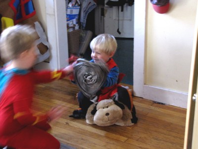 Harvey--a dragon in Flash costume--versus knight Zion