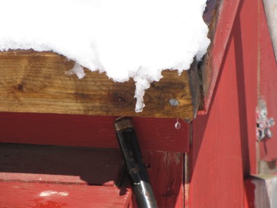 water dripping from the melting snow on the chicken coop, close-up