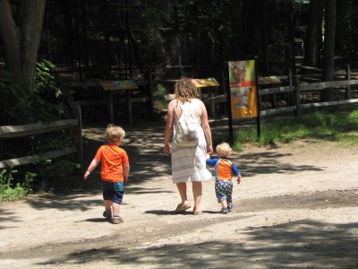 Leah and the boys (wearing their swimsuits) walking towards the bird enclosures