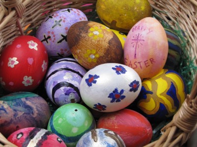 painted eggs in a basket