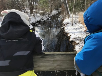Lijah and Harvey looking down on Elm Brook flowing between snowy banks