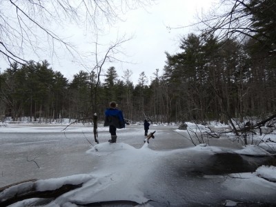 Zion and Elijah on the ice at Estabrook Woods