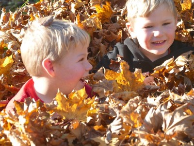 Zion and Lijah playing in a leaf pile