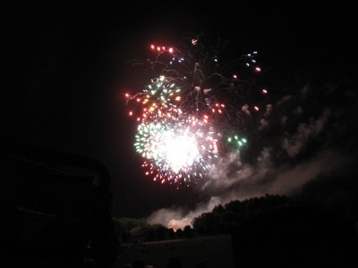 fireworks lighting up the treeline