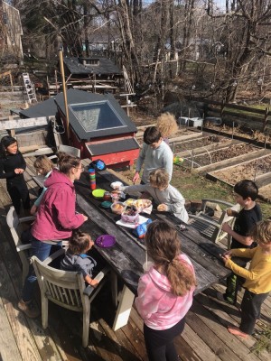 kids having lunch on the back deck