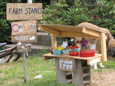 the farm stand full of produce and decked with signs