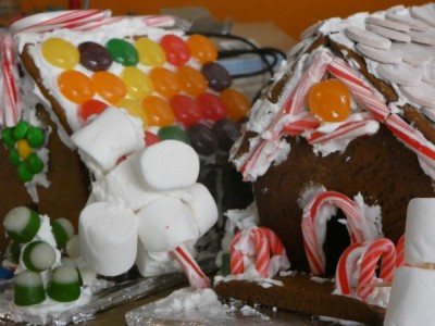 close-up of two gingerbread houses
