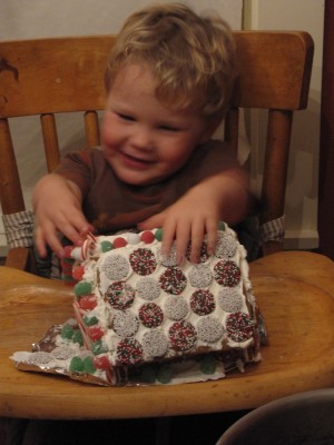 Lijah attacking the gingerbread house