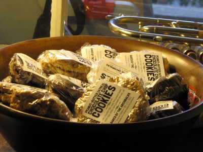 wrapped and labled cookies in a bowl