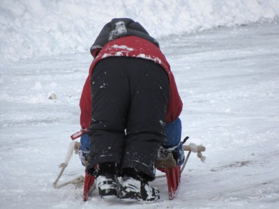Harvey pushing the runner sled on the street, viewed from behind