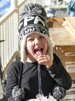 Zion licking an icicle on the porch