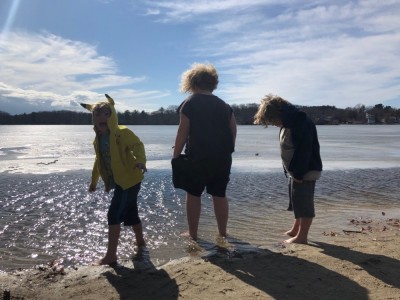 the boys wading in icy Freeman Pond