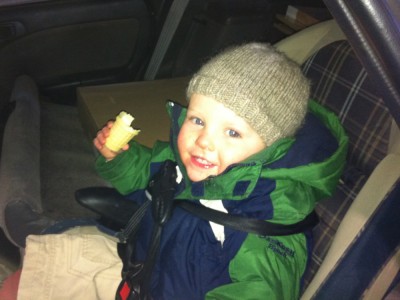 Harvey in the car with his ice cream