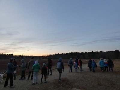 a biggish group of kids and adults with lanterns in the twilight