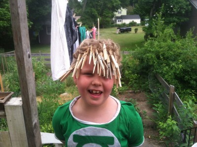 Harvey with lots of clothespins hanging from his hair
