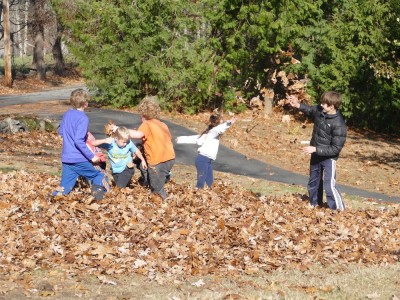 kids having a leaf fight