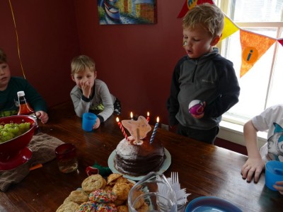 Lijah blowing out the candles on his chocolate pokeball cake