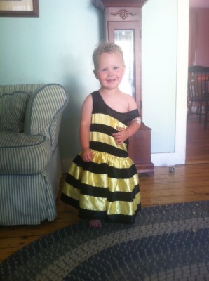 Lijah wearing a bee dress