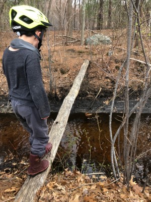 Elijah beginning to cross a narrow log over a stream