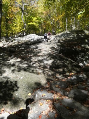 Zion and Elijah climbing up a rock slab