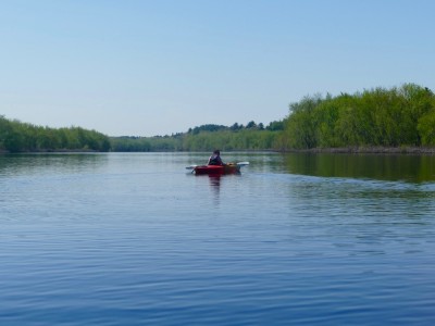 Leah paddling a kayak on the wide Concord River