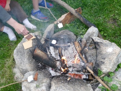 marshmallows toasting over our fire