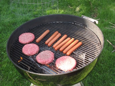hamburgers and hot dogs cooking over wood coals on the grill