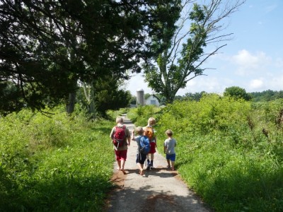 the boys and Nathan walking on a path towards a farm