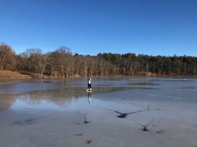 Zion skating on what looks like a puddle on Fawn Lake