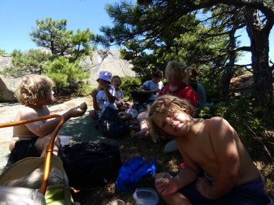 the boys and friends eating lunch in the shade of little trees on a mountaintop