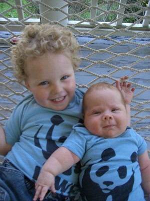 Harvey and Zion in their panda bear shirts on the hammock