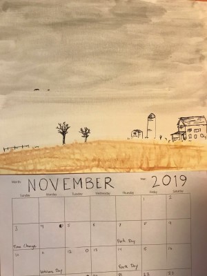 my November calendar; watercolor and ink farm scene