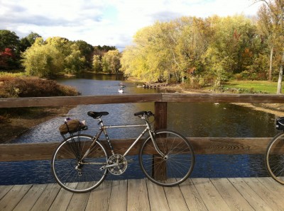 my bike leaning against the rail of the Old North Bridge