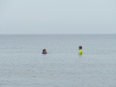 Harvey and Zion in the dead calm ocean