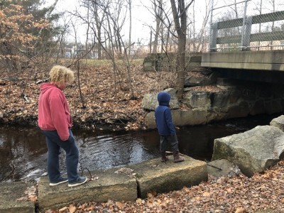Harvey and Elijah walking beside a brook