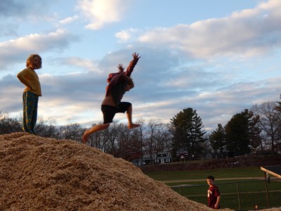 Zion jumping from the top of a very big pile of woodchips