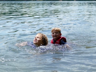 Harvey and Lijah swimming in Walden Pond