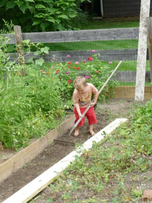 Lijah raking in the garden