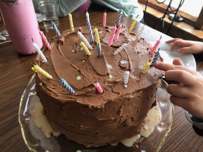 a chocolate cake with many many candles