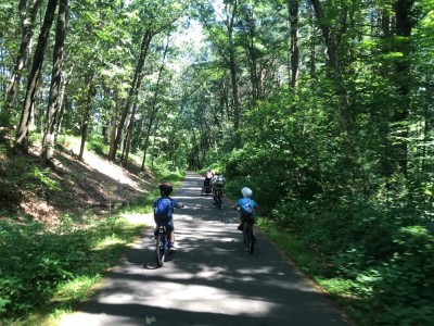 the kids cycling along a tree-shaded bike path
