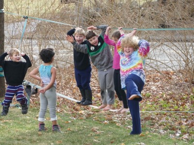 kids being silly on a slack line