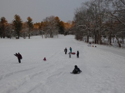 kids on the sledding hill in late afternoon light