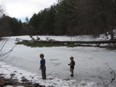 Zion and Nathan testing the slushy ice