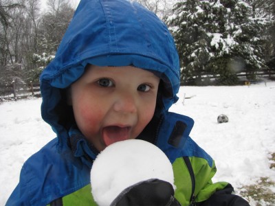 Lijah licking his snow cake