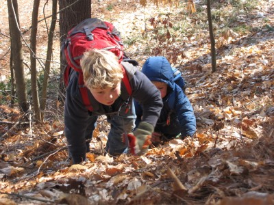Harvey and Zion scrambing up a steep, leaf-covered hill