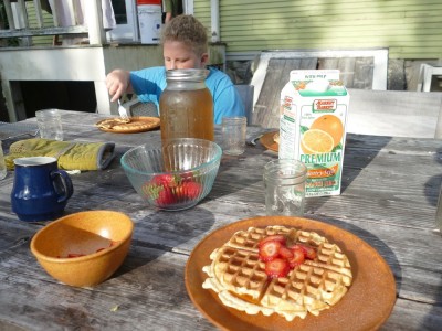 waffles for breakfast outside on the deck