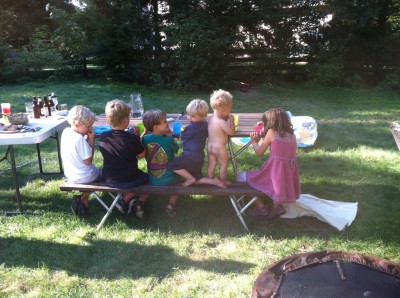 Archibald and Stevens kids on a picnic bench; Lijah naked