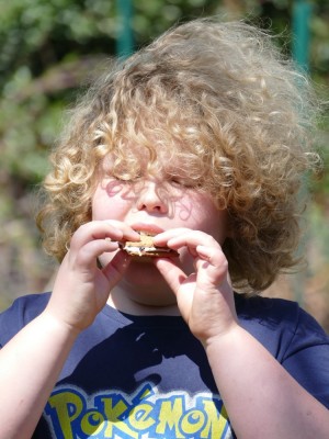 Harvey biting a smore with his hair blowing in the wind