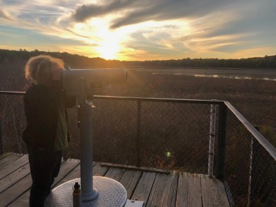 Harvey looking through a binocular stand from a fire tower near sunset