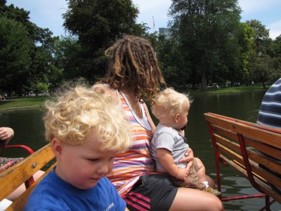 Harvey, Zion, and Mama on the swan boat